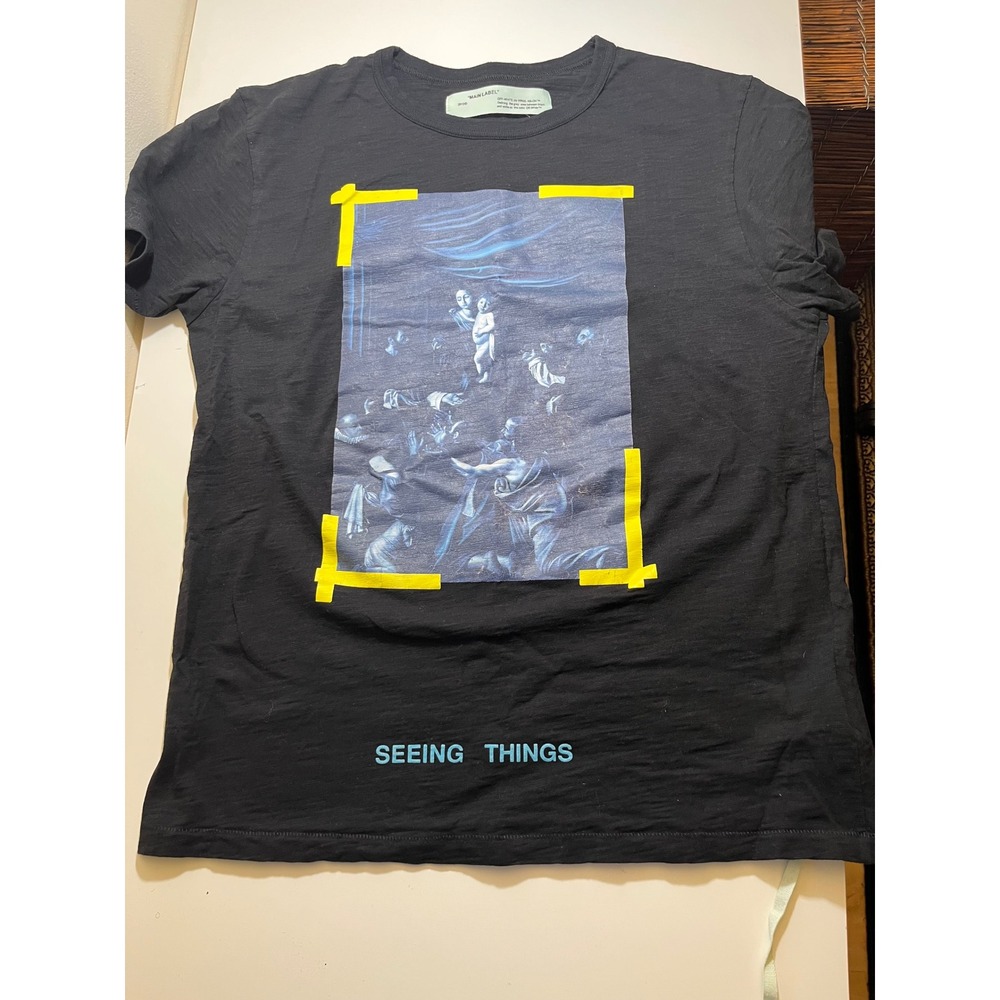 Off-White Men's T-Shirt L Black OMAA002S18185092 Seeing Things Diagonal Stripe